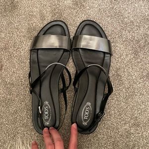 Tods Black Leather & Silver Sandals